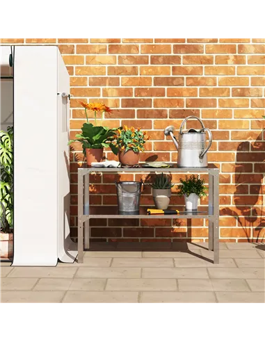 Outsunny 2 Tier Potting Bench Table, Galvanised Steel Garden Planting Work Bench Workstation with Storage Shelf for Outdoor, Pat