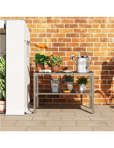 Outsunny 2 Tier Potting Bench Table, Galvanised Steel Garden Planting Work Bench Workstation with Storage Shelf for Outdoor, Pat