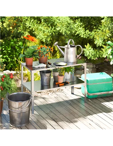 Outsunny 2 Tier Potting Bench Table, Galvanised Steel Garden Planting Work Bench Workstation with Storage Shelf for Outdoor, Pat