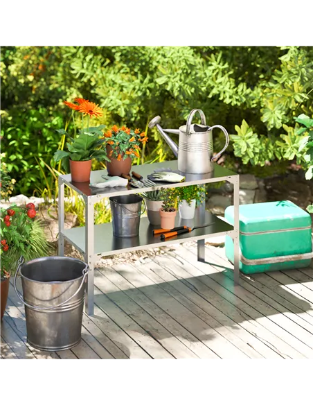 Outsunny 2 Tier Potting Bench Table, Galvanised Steel Garden Planting Work Bench Workstation with Storage Shelf for Outdoor, Pat