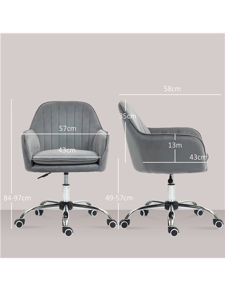 HOMCOM Office Chair, Swivel Desk Chair, Velvet-Feel Fabric Vanity Chair with Adjustable Height and Rolling Wheels for Home Work 