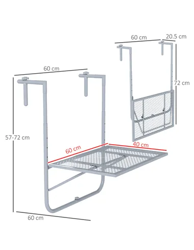 Outsunny Balcony Hanging Table, Metal Wall Mount Desk, Adjustable Folding Balcony Deck Table for Patio and Garden, Grey