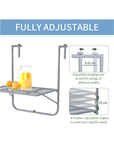 Outsunny Balcony Hanging Table, Metal Wall Mount Desk, Adjustable Folding Balcony Deck Table for Patio and Garden, Grey