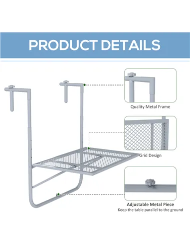 Outsunny Balcony Hanging Table, Metal Wall Mount Desk, Adjustable Folding Balcony Deck Table for Patio and Garden, Grey