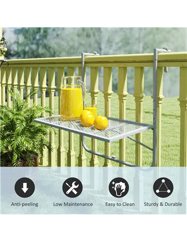 Outsunny Balcony Hanging Table, Metal Wall Mount Desk, Adjustable Folding Balcony Deck Table for Patio and Garden, Grey
