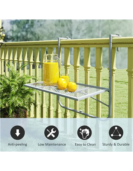 Outsunny Balcony Hanging Table, Metal Wall Mount Desk, Adjustable Folding Balcony Deck Table for Patio and Garden, Grey