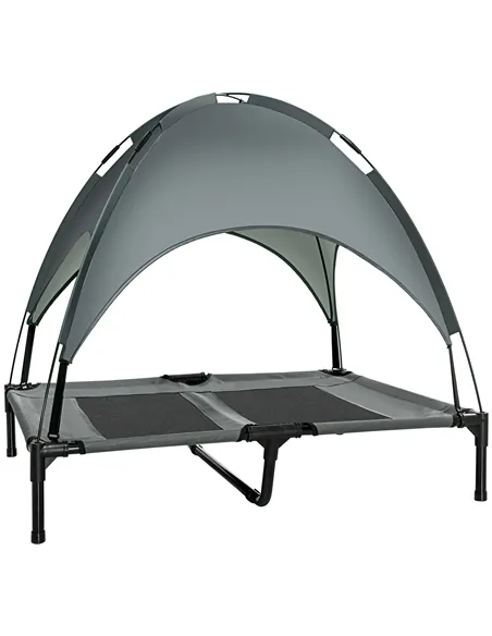PawHut Raised Dog Bed Waterproof Elevated Pet Cot with Breathable Mesh UV Protection Canopy Grey, for Large Dogs, 92 x 76 x 90cm