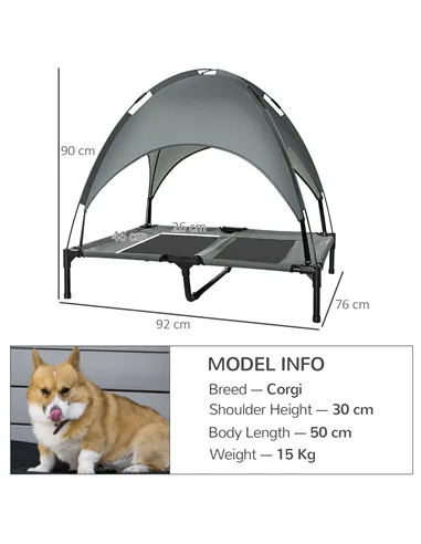 PawHut Raised Dog Bed Waterproof Elevated Pet Cot with Breathable Mesh UV Protection Canopy Grey, for Large Dogs, 92 x 76 x 90cm
