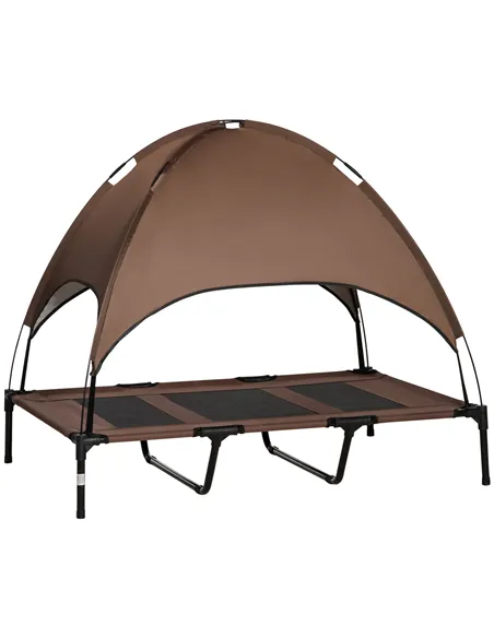 PawHut Raised Dog Bed Waterproof Elevated Pet Cot with Breathable Mesh UV Protection Canopy Brown, for XL Dogs, 122 x 92 x 108cm
