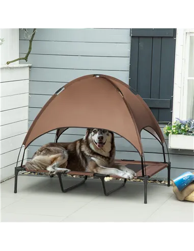 PawHut Raised Dog Bed Waterproof Elevated Pet Cot with Breathable Mesh UV Protection Canopy Brown, for XL Dogs, 122 x 92 x 108cm