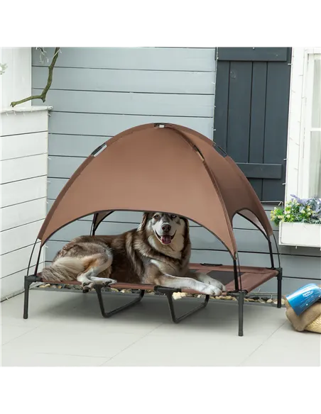 PawHut Raised Dog Bed Waterproof Elevated Pet Cot with Breathable Mesh UV Protection Canopy Brown, for XL Dogs, 122 x 92 x 108cm