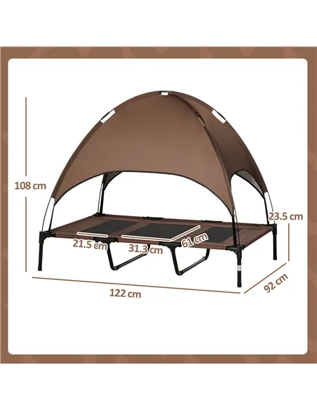 PawHut Raised Dog Bed Waterproof Elevated Pet Cot with Breathable Mesh UV Protection Canopy Brown, for XL Dogs, 122 x 92 x 108cm