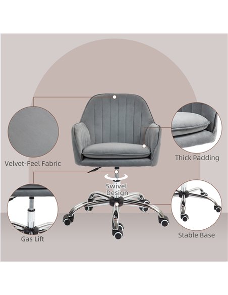 HOMCOM Office Chair, Swivel Desk Chair, Velvet-Feel Fabric Vanity Chair with Adjustable Height and Rolling Wheels for Home Work 