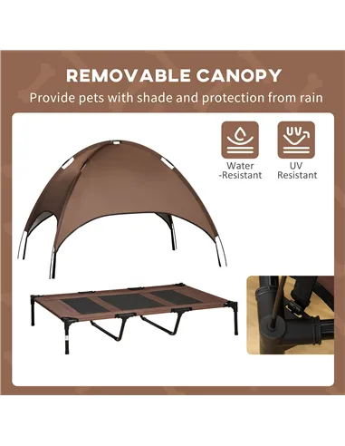 PawHut Raised Dog Bed Waterproof Elevated Pet Cot with Breathable Mesh UV Protection Canopy Brown, for XL Dogs, 122 x 92 x 108cm