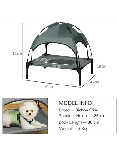PawHut Raised Dog Bed Waterproof Elevated Pet Cot with Breathable Mesh UV Protection Canopy Grey, for Small Dogs, 61 x 46 x 62cm