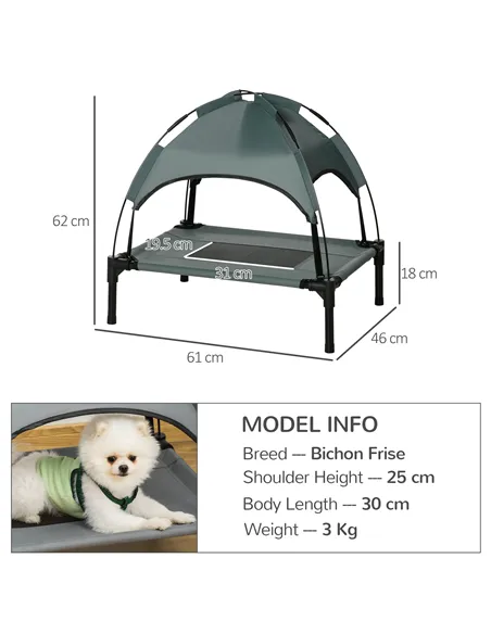 PawHut Raised Dog Bed Waterproof Elevated Pet Cot with Breathable Mesh UV Protection Canopy Grey, for Small Dogs, 61 x 46 x 62cm