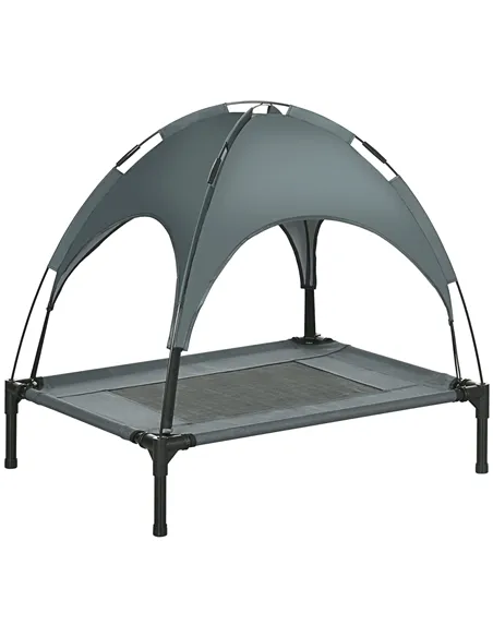 PawHut Raised Dog Bed Waterproof Elevated Pet Cot with Breathable Mesh UV Protection Canopy Grey, for Medium Dogs, 76 x 61 x 73c