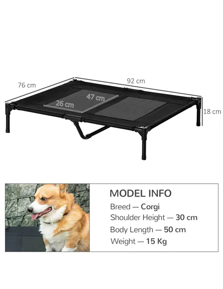 PawHut Large Raised Dog Bed Cat Elevated Lifted Cooling Portable Camping Basket Outdoor Indoor Mesh Pet Cot Metal Frame Black