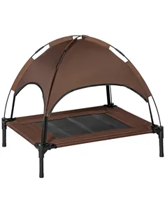 PawHut Raised Dog Bed Waterproof Elevated Pet Cot with Breathable Mesh UV Protection Canopy Brown, for Medium Dogs, 76 x 61 x 73