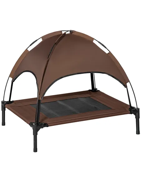PawHut Raised Dog Bed Waterproof Elevated Pet Cot with Breathable Mesh UV Protection Canopy Brown, for Medium Dogs, 76 x 61 x 73