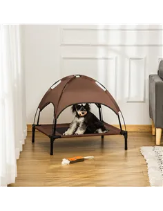 PawHut Raised Dog Bed Waterproof Elevated Pet Cot with Breathable Mesh UV Protection Canopy Brown, for Medium Dogs, 76 x 61 x 73 2
