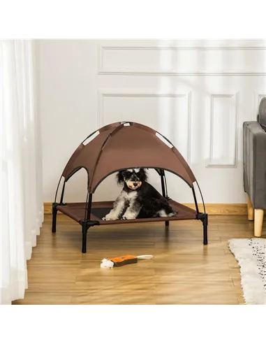 PawHut Raised Dog Bed Waterproof Elevated Pet Cot with Breathable Mesh UV Protection Canopy Brown, for Medium Dogs, 76 x 61 x 73