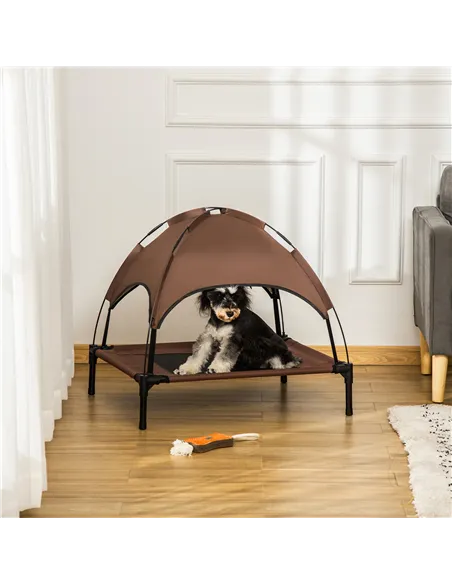 PawHut Raised Dog Bed Waterproof Elevated Pet Cot with Breathable Mesh UV Protection Canopy Brown, for Medium Dogs, 76 x 61 x 73