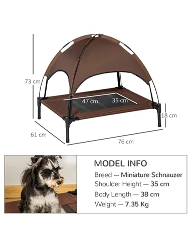 PawHut Raised Dog Bed Waterproof Elevated Pet Cot with Breathable Mesh UV Protection Canopy Brown, for Medium Dogs, 76 x 61 x 73