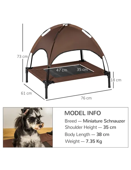 PawHut Raised Dog Bed Waterproof Elevated Pet Cot with Breathable Mesh UV Protection Canopy Brown, for Medium Dogs, 76 x 61 x 73