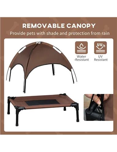 PawHut Raised Dog Bed Waterproof Elevated Pet Cot with Breathable Mesh UV Protection Canopy Brown, for Medium Dogs, 76 x 61 x 73