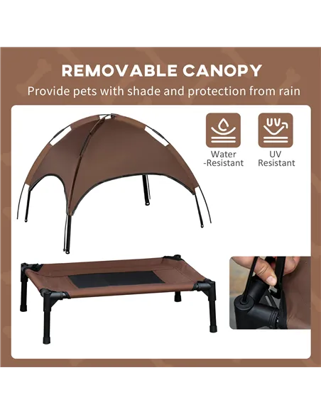 PawHut Raised Dog Bed Waterproof Elevated Pet Cot with Breathable Mesh UV Protection Canopy Brown, for Medium Dogs, 76 x 61 x 73