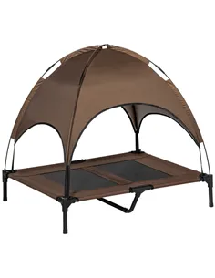 PawHut Raised Dog Bed Waterproof Elevated Pet Cot with Breathable Mesh UV Protection Canopy Brown, for Large Dogs, 92 x 76 x 90c