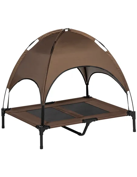 PawHut Raised Dog Bed Waterproof Elevated Pet Cot with Breathable Mesh UV Protection Canopy Brown, for Large Dogs, 92 x 76 x 90c