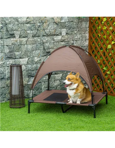 PawHut Raised Dog Bed Waterproof Elevated Pet Cot with Breathable Mesh UV Protection Canopy Brown, for Large Dogs, 92 x 76 x 90c