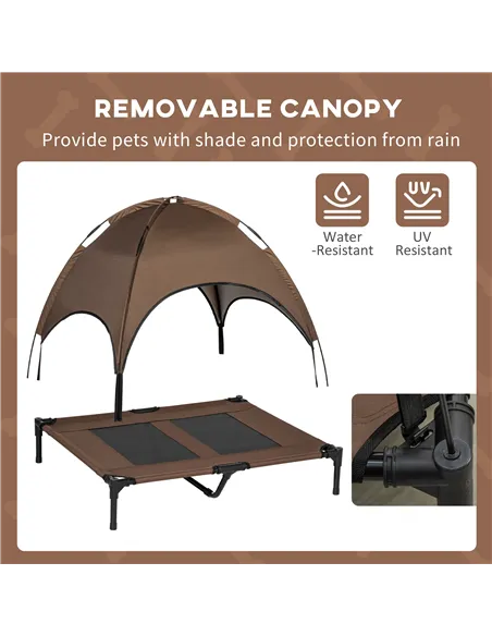 PawHut Raised Dog Bed Waterproof Elevated Pet Cot with Breathable Mesh UV Protection Canopy Brown, for Large Dogs, 92 x 76 x 90c