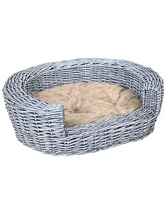 PawHut Wicker Pet Bed Willow Dog Cat Sofa Couch Puppy Basket with Cushion Grey 57L x 46W x 17.5H cm