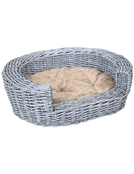 PawHut Wicker Pet Bed Willow Dog Cat Sofa Couch Puppy Basket with Cushion Grey 57L x 46W x 17.5H cm