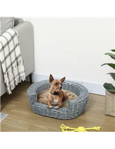 PawHut Wicker Pet Bed Willow Dog Cat Sofa Couch Puppy Basket with Cushion Grey 57L x 46W x 17.5H cm 2