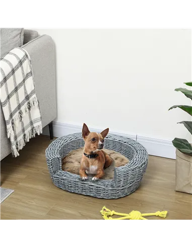 PawHut Wicker Pet Bed Willow Dog Cat Sofa Couch Puppy Basket with Cushion Grey 57L x 46W x 17.5H cm