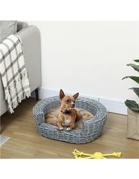 PawHut Wicker Pet Bed Willow Dog Cat Sofa Couch Puppy Basket with Cushion Grey 57L x 46W x 17.5H cm