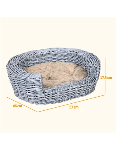 PawHut Wicker Pet Bed Willow Dog Cat Sofa Couch Puppy Basket with Cushion Grey 57L x 46W x 17.5H cm