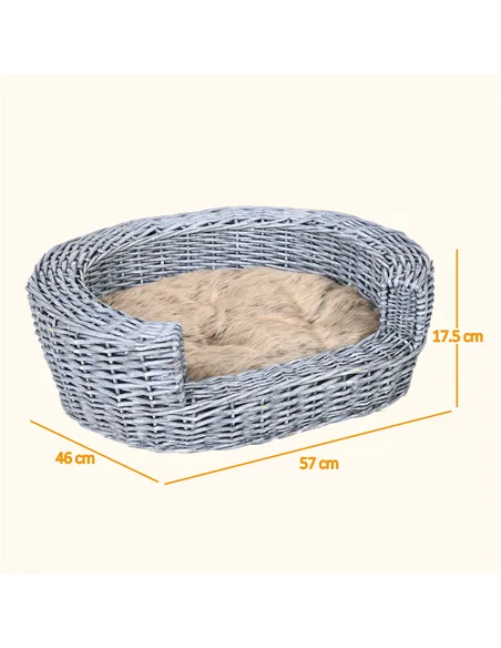PawHut Wicker Pet Bed Willow Dog Cat Sofa Couch Puppy Basket with Cushion Grey 57L x 46W x 17.5H cm