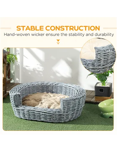 PawHut Wicker Pet Bed Willow Dog Cat Sofa Couch Puppy Basket with Cushion Grey 57L x 46W x 17.5H cm