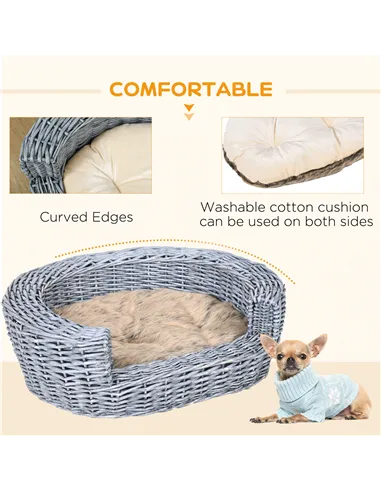PawHut Wicker Pet Bed Willow Dog Cat Sofa Couch Puppy Basket with Cushion Grey 57L x 46W x 17.5H cm