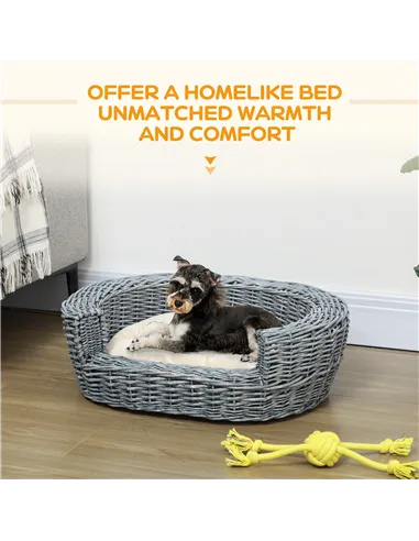 PawHut Wicker Pet Bed Willow Dog Cat Sofa Couch Puppy Basket with Cushion Grey 57L x 46W x 17.5H cm