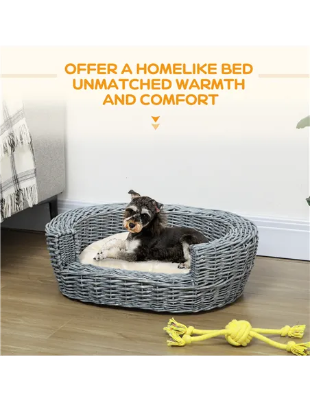 PawHut Wicker Pet Bed Willow Dog Cat Sofa Couch Puppy Basket with Cushion Grey 57L x 46W x 17.5H cm