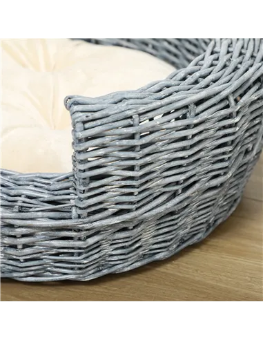 PawHut Wicker Pet Bed Willow Dog Cat Sofa Couch Puppy Basket with Cushion Grey 57L x 46W x 17.5H cm