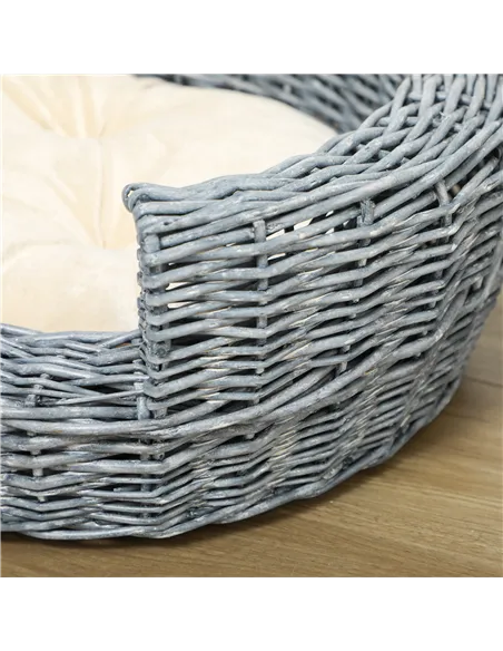 PawHut Wicker Pet Bed Willow Dog Cat Sofa Couch Puppy Basket with Cushion Grey 57L x 46W x 17.5H cm
