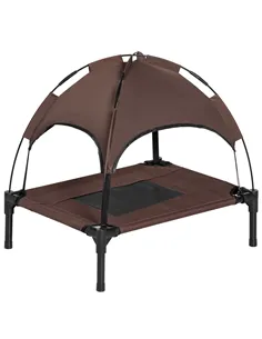 PawHut Raised Dog Bed Waterproof Elevated Pet Cot with Breathable Mesh UV Protection Canopy Brown, for Small Dogs, 61 x 46 x 62c
