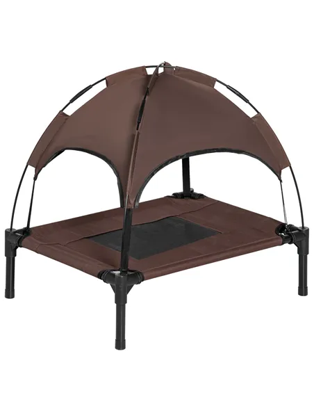 PawHut Raised Dog Bed Waterproof Elevated Pet Cot with Breathable Mesh UV Protection Canopy Brown, for Small Dogs, 61 x 46 x 62c